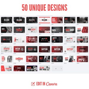 Puede incluir: Una colecci&oacute;n de 50 dise&ntilde;os &uacute;nicos, principalmente en rojo, negro y blanco. Los dise&ntilde;os presentan textos como "Welcome", "Prayer?", "Baptism" y "Youth Group". La frase "Edit in Canva" tambi&eacute;n es visible.
