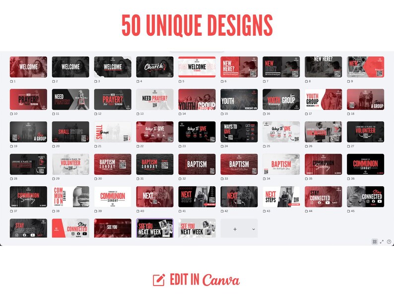 Puede incluir: Una colecci&oacute;n de 50 dise&ntilde;os &uacute;nicos, principalmente en rojo, negro y blanco. Los dise&ntilde;os presentan textos como "Welcome", "Prayer?", "Baptism" y "Youth Group". La frase "Edit in Canva" tambi&eacute;n es visible.