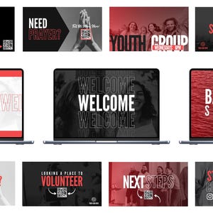Puede incluir: Una colecci&oacute;n de gr&aacute;ficos digitales con texto rojo y negro sobre un fondo negro. Los gr&aacute;ficos incluyen texto como "Ways to Give", "Need Prayer?", "Youth Group", "Welcome", "Baptism Sunday", "Looking a Place to Volunteer", "Next Steps" y "Stay Connected".