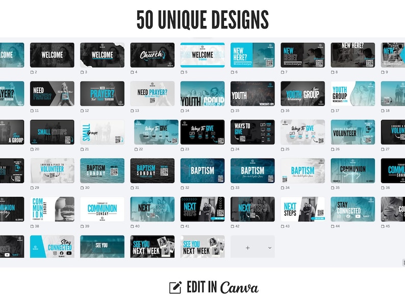 May include: A grid of 50 unique designs with text such as "Welcome", "Prayer?", and "Baptism Sunday". The designs are in shades of blue, black, and white. The text "50 UNIQUE DESIGNS" is at the top, and "EDIT IN Canva" is at the bottom.