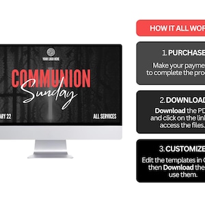 Puede incluir: Un monitor de computadora muestra un gr&aacute;fico para "Communion Sunday" con una cruz y texto. Junto a &eacute;l hay una gu&iacute;a con los pasos: Comprar, Descargar y Personalizar. El texto incluye "February 22" y "All Services."