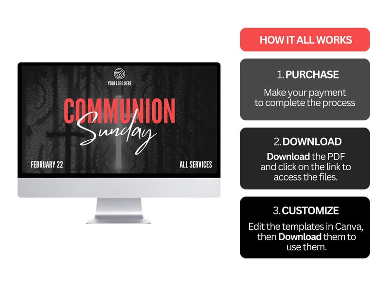 Puede incluir: Un monitor de computadora muestra un gr&aacute;fico para "Communion Sunday" con una cruz y texto. Junto a &eacute;l hay una gu&iacute;a con los pasos: Comprar, Descargar y Personalizar. El texto incluye "February 22" y "All Services."