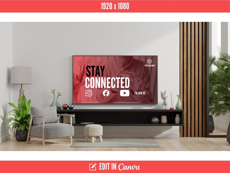 Puede incluir: Un sal&oacute;n moderno con un televisor de pantalla plana grande que muestra las palabras "STAY CONNECTED" e iconos de redes sociales. Un sill&oacute;n gris, un taburete peque&ntilde;o y objetos decorativos est&aacute;n dispuestos frente a una pared blanca.