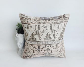 Capa de almofada feita à mão para tapete turco: decoração vintage de lã para casa (40,6 cm x 40,6 cm)