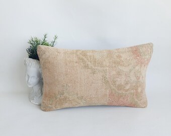 Vintage Turkish Rug Lumbar Pillow Cover: Handmade Wool Cushion (12x20)