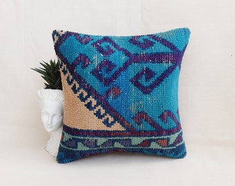Funda de cojín de alfombra turca vintage: cojín lumbar de lana kilim (40 x 40 cm)