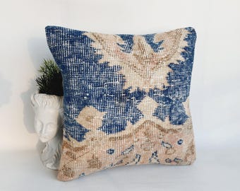 Vintage Turkish Kilim Pillow Cover: Rustic Boho Rug Pillow, 16x16