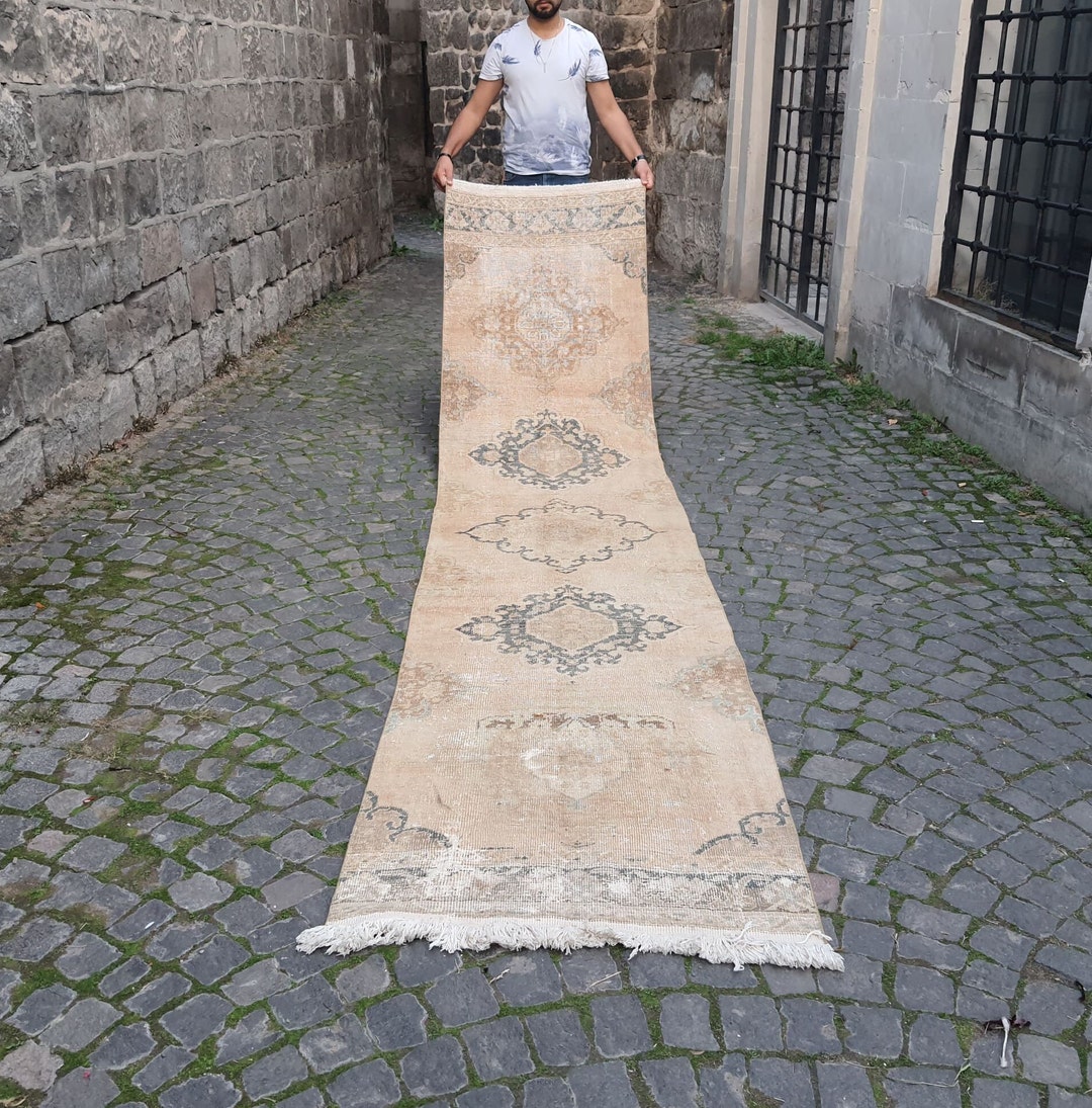 Vintage-inspired Pale Turkish Runner Rug , Unique Floor Covering for ...
