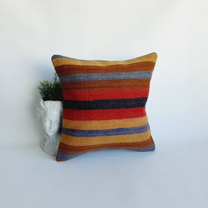 Colorful Turkish Kilim Pillow: Vintage Wool Throw, 16x16
