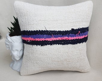 Black Striped Hemp Pillow: Turkish Kilim Cushion Cover (20x20)