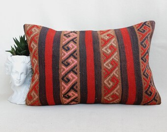 Vintage Turkish Kilim Pillow Cover 16x24: Handwoven Wool Bohemian Cushion