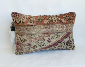 Capa de almofada para tapete turco vintage: almofada lombar de lã antiga