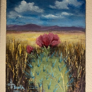 9”x12” Cloudy Day Cactus Bloom painting - acrylic on linen canvas and wood frame.