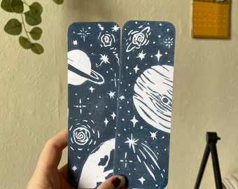 Space Inspired Lino Printed Bookmark | blue or black | lino print | book lovers | book gifts | celestial