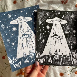 UFO Cow Print - A5 - Black/Navy Blue | lino print | lino printing | linocut print | handmade gift | hand printed | art for home | wall art