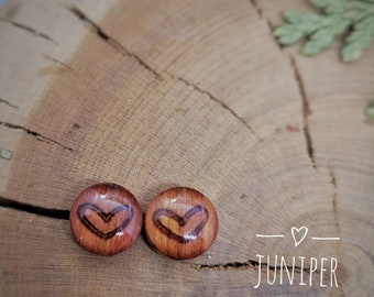 Heart, round wood stud earring, wood burn, upcycle, small post earring, birthday gift, reclaimed wood, hypoallergenic, nature lover