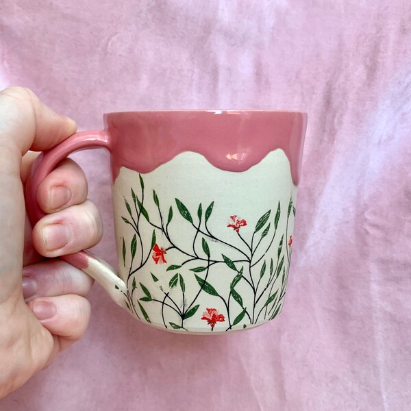 Floral Pink Drippy Mug, Botanical, Handmade, Unique Gift