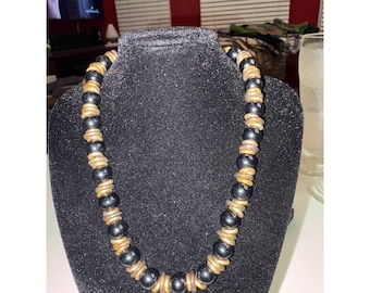 Vintage Black Gold Beaded Necklace thrashed, or distressed beads whimsy Goth