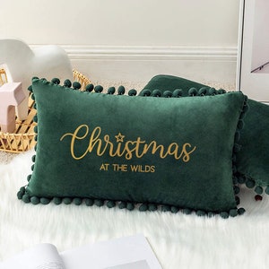 Personalised Christmas Pom Pom Velvet Cushion/Pillow, Couples Cushion, Family, Red & Green cushion, personalised pillow, bedding