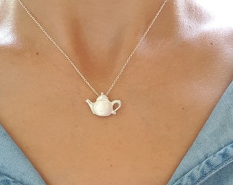 Teapot necklace of sterling silver that can be engraved on the backside, Alice in Wonderland handmade necklace, Pesronalized tea lover gift.