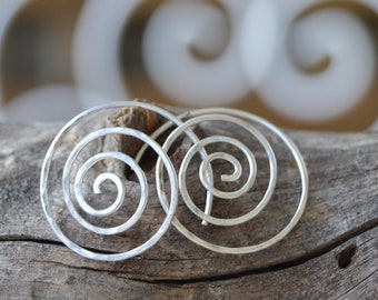 large Silver Spiral Earrings, Casual Hammered  Earrings for Everyday wear, Round Threader Spiral Hoop Earrings. Boho earrings. Swirl hoops.