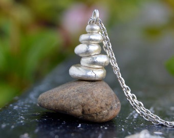 Rock balance necklace, Raw silver stone balance necklace, Zen necklace, Cairn necklace, Pure silver stacked pabble necklace, yoga jewelry.