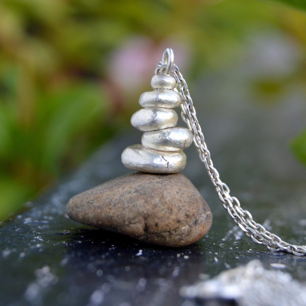 Rock balance necklace, Raw silver stone balance necklace, Zen necklace, Cairn necklace, Pure silver stacked pabble necklace, yoga jewelry.