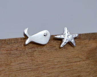 Fish and starfish earring, Silver Mismatched Stud Earrings of small whale and starfish, Ocean earrings for sea lovers for girl and adult.