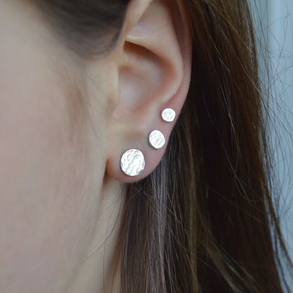 Small Circle Stud Earrings. Set of three silver earrings for second and third hole. Full moon earrings for everyday wear. 3 hole earring set