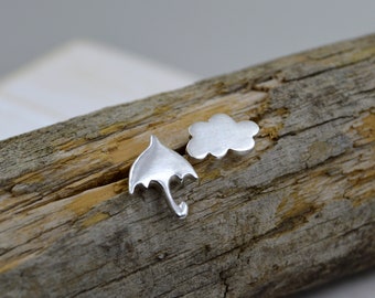 Mismatched stud earrings, Umbrella and cloud studs, Silver Asymmetrical cloud and umbrella earrings, Sterling silver rain earrings.