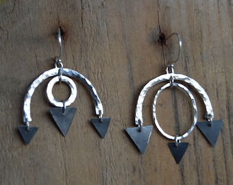 Mismatched silver earrings, Geometric Dangle earrings, Silver Asymmatric earrings, Arrow silver earrings.