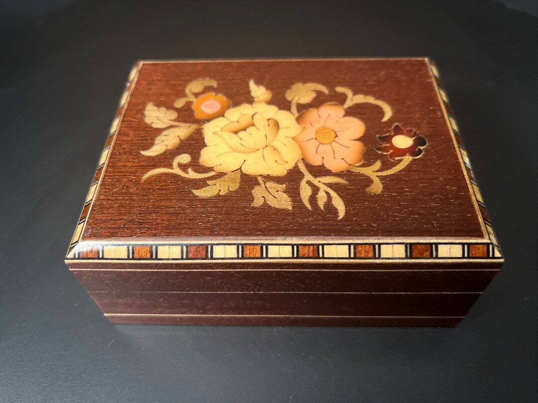 Wooden Jewelry Box With Floral Inlay Hand Made Hinged Lid Italy - Etsy