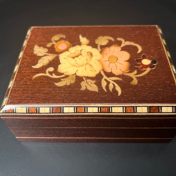 Wooden Jewelry Box With Floral Inlay Hand Made Hinged Lid Italy