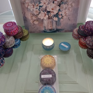 Scented Candles, Soy Wax, multicolored tins, Multiple scents