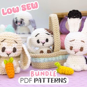 May include: A collection of crocheted bunny figures, including one in a basket and two with carrots. The bunnies are white, beige, and brown, with black eyes and pink noses. The text "LOW SEW" and "BUNDLE PDF PATTERNS" are visible.