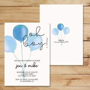 Invitation de baby shower de ballon bleu | Oh mec! Invitation à la douche | Livres pour bébé carte incluse
