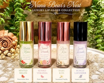 Set de brillo labial de lujo, brillo labial vegano hidratante, cuidado labial artesanal, brillo hidratante no pegajoso, aceite labial de vainilla, cuidado de la piel en pequeños lotes