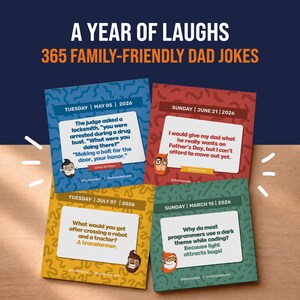 Four pages from the "2026 Daily Dad Joke Desktop Calendar | Daily Dad Jokes!!" by That Is So Dad are shown on a wooden surface, highlighting this fun and family-friendly desk calendar for daily laughs in 2026.