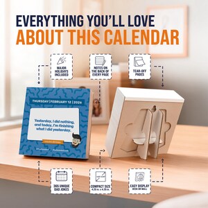 Two desk calendars are shown: the 2026 Daily Dad Joke Desktop Calendar by That Is So Dad, featuring February 12 with a witty joke, tear-off pages, compact size, space for notes, major holidays—perfect as a funny day-to-day calendar.