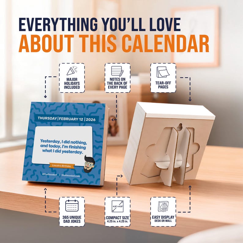 Two desk calendars are shown: the 2026 Daily Dad Joke Desktop Calendar by That Is So Dad, featuring February 12 with a witty joke, tear-off pages, compact size, space for notes, major holidays—perfect as a funny day-to-day calendar.