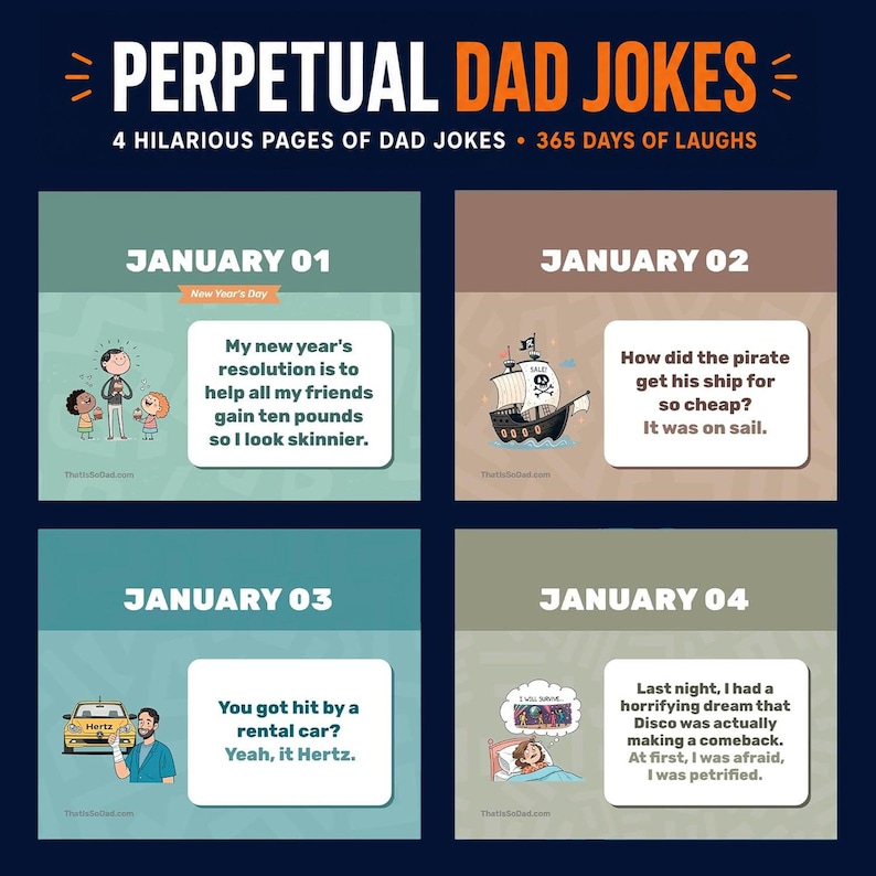 Enjoy four illustrated dad jokes for January 1–4, each in a colored box with text and drawings, from That Is So Dad’s "Perpetual Dad Joke Desktop Calendar | Daily Dad Jokes!"—the perfect daily desk gift!.