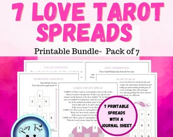 May include: Seven printable tarot spreads for love and relationships. Each spread is on a separate pink sheet with a heart design and instructions. The spreads are titled "Will He Come Back?", "Manifesting a Soulmate", "Looking for Love", "Love and Romance", "Heart vs. Head", and more. The spreads are designed for use with a tarot deck.
