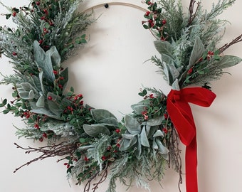 Holiday wreath, Christmas wreath, hoop wreath, berry wreath