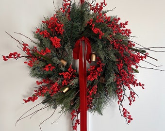 Holiday wreath, berry wreath, Christmas wreath, holiday decor, Christmas decor, front door wreath