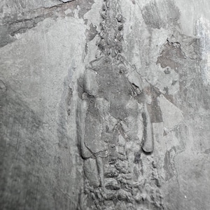 May include: A weathered, gray stone carving of a figure with a cloak and legs. The carving is set into a rough, textured wall. The figure's form is defined by the play of light and shadow on the stone's surface.