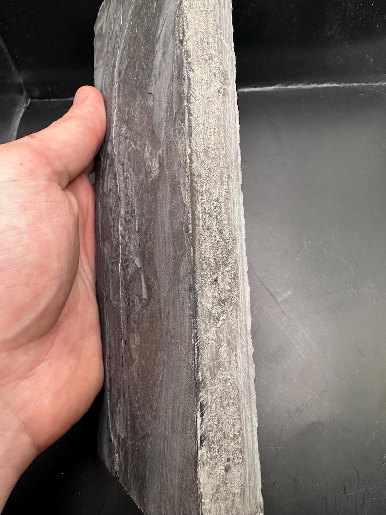 May include: A rectangular, dark gray stone slab with a rough, textured edge. The stone is held by a hand, showcasing its size and the natural variations in its surface. The slab appears to be approximately 10 inches long.