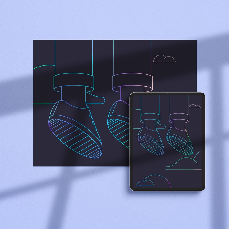 Peut inclure: Une illustration num&eacute;rique de deux paires de pieds portant des baskets, avec les jambes qui pendent du haut de l'image. L'arri&egrave;re-plan est bleu fonc&eacute; avec des nuages. L'image est dans un d&eacute;grad&eacute; de bleu, violet et rose.