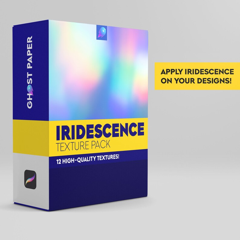 Peut inclure: Une bo&icirc;te bleue avec une bande jaune et le texte "IRIDESCENCE TEXTURE PACK" et "12 HIGH-QUALITY TEXTURES!" La bo&icirc;te a une image holographique iris&eacute;e sur le devant. Le texte "GHOST PAPER" est sur le c&ocirc;t&eacute; de la bo&icirc;te. Le texte "APPLY IRIDESCENCE ON YOUR DESIGNS!" est sur le c&ocirc;t&eacute; droit de la bo&icirc;te.