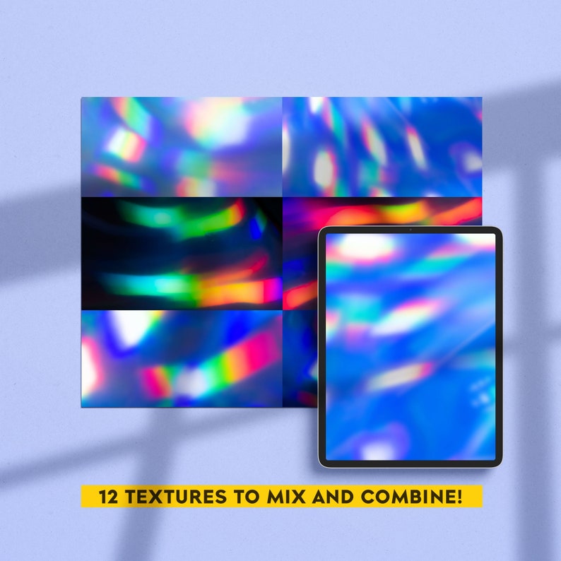Peut inclure: Un ensemble de 12 textures num&eacute;riques iris&eacute;es dispos&eacute;es en grille. Les textures sont holographiques et pr&eacute;sentent une vari&eacute;t&eacute; de couleurs, notamment le bleu, le vert, le violet et le rose. Les textures sont affich&eacute;es sur l'&eacute;cran d'une tablette et sont pr&ecirc;tes &agrave; &ecirc;tre utilis&eacute;es dans des projets de conception num&eacute;rique. 12 TEXTURES &Agrave; M&Eacute;LANGER ET &Agrave; COMBINER !