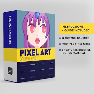 Puede incluir: Una caja amarilla con una imagen de arte de píxeles de una mujer con cabello morado y ojos rojos. El texto "PIXEL ART BRUSH PACK" está en la caja. El texto "INSTRUCTIONS + GUIDE INCLUDED!" está en la caja. El texto "12 CUSTOM BRUSHES", "MULTIPLE PIXEL SIZES" y "5 TEXTURAL BRUSHES (BONUS MATERIAL)" está en la caja.